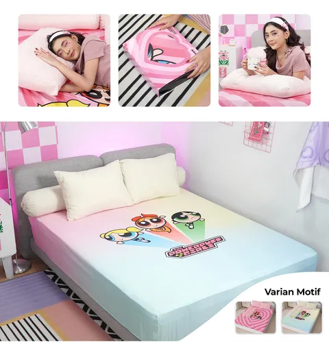 Kintakun D’LUXE The Powerpuff Girls Sprei Fitted 25 cm Multivariant - Kain Breathable & Anti Gerah dengan Extra Karet dan Tali Guling Terpasang