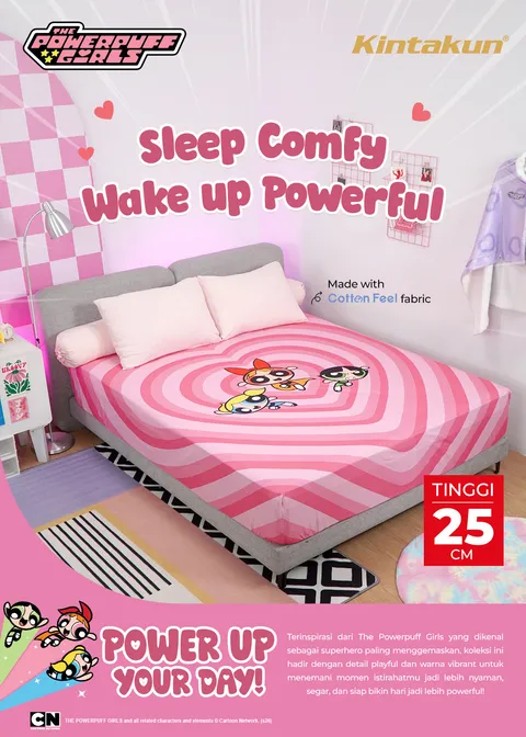 Kintakun D’LUXE The Powerpuff Girls Sprei Fitted 25 cm Multivariant - Kain Breathable & Anti Gerah dengan Extra Karet dan Tali Guling Terpasang