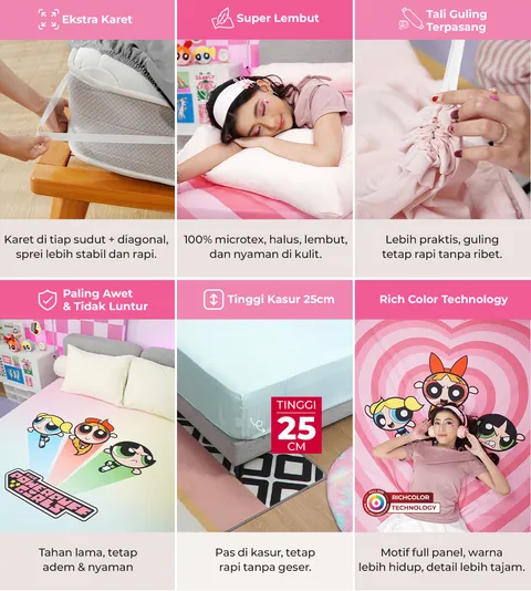 Kintakun D’LUXE The Powerpuff Girls Sprei Fitted 25 cm Multivariant - Kain Breathable & Anti Gerah dengan Extra Karet dan Tali Guling Terpasang