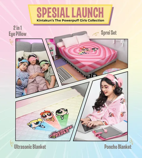 Kintakun D’LUXE The Powerpuff Girls Sprei Fitted 25 cm Multivariant - Kain Breathable & Anti Gerah dengan Extra Karet dan Tali Guling Terpasang