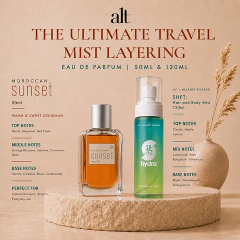 ALT Perfumery - The Ultimate Travel Mist Layering | Moroccan Sunset EDP 50ml | SHFT Hydra Hair & Body Mist